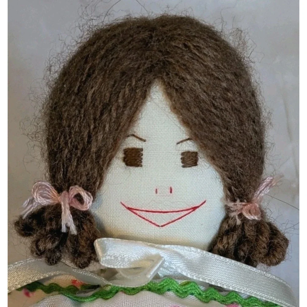 70s Cloth Doll Handmade Yarn Hair Embroidered Rag Country Signed Cottagecore 13